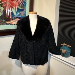 1950s Black Soutache Ribbon Jacket / Knitted Ribbon w/  Black Mink Collar - S/ M